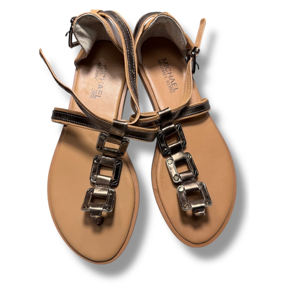 MICHAEL Michael Kors Tan Leather T-Strap Sandals with Chain Detail